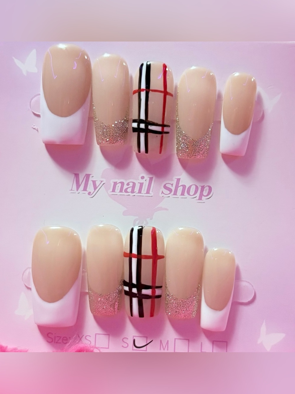Nude Plaid & Glitter Press-On Nail Set - My Nail Shop